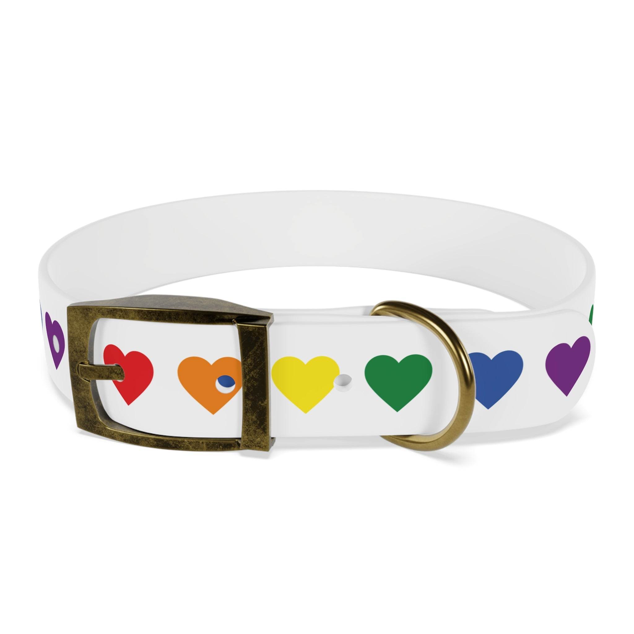 Printify rainbow heart dog collar with colorful hearts on white background and metal buckle