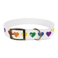 rainbow dog collar with colorful heart patterns on white adjustable strap