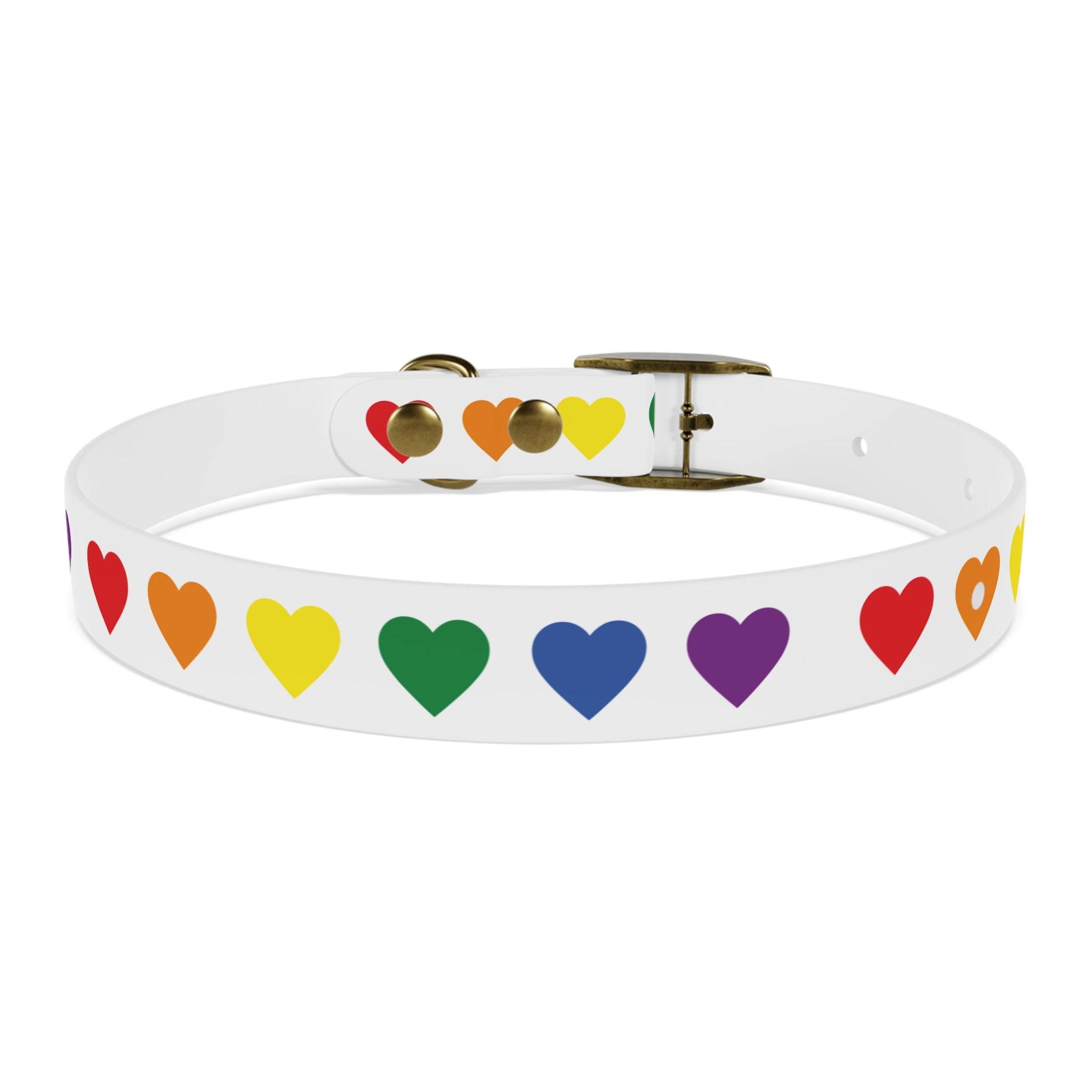 Printify rainbow heart dog collar in white featuring colorful rainbow heart shapes and brass buckle