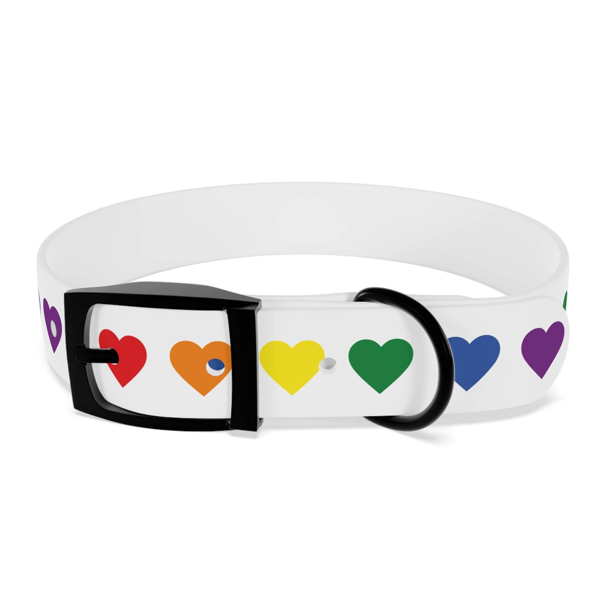 Rainbow heart dog collar with colorful heart patterns on white adjustable strap