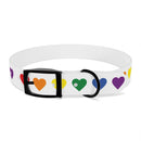 Printify rainbow heart dog collar with colorful hearts on a white adjustable strap