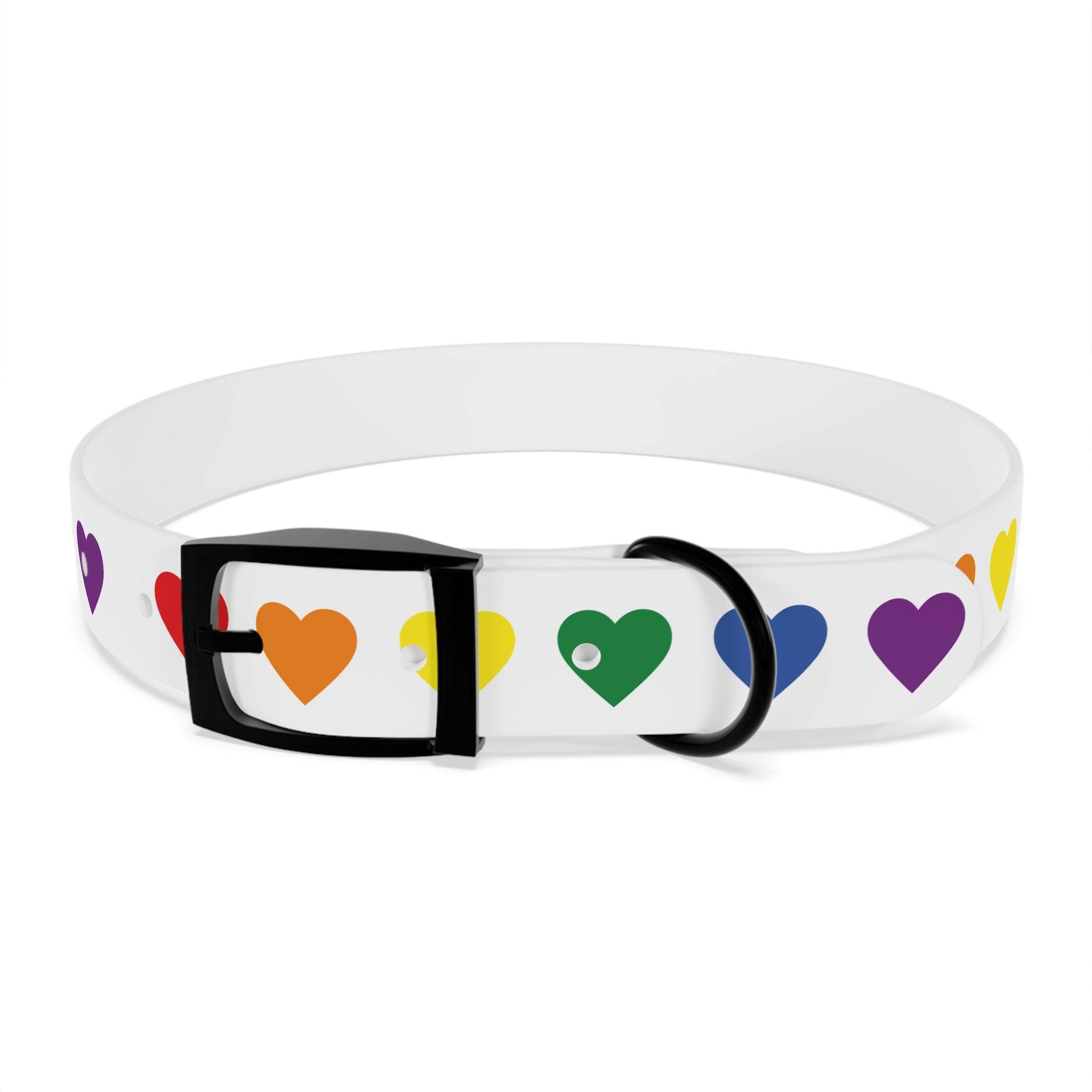 Printify rainbow heart dog collar with colorful hearts on a white adjustable strap