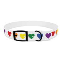 Printify rainbow heart dog collar with colorful hearts on white strap and black buckle for pets