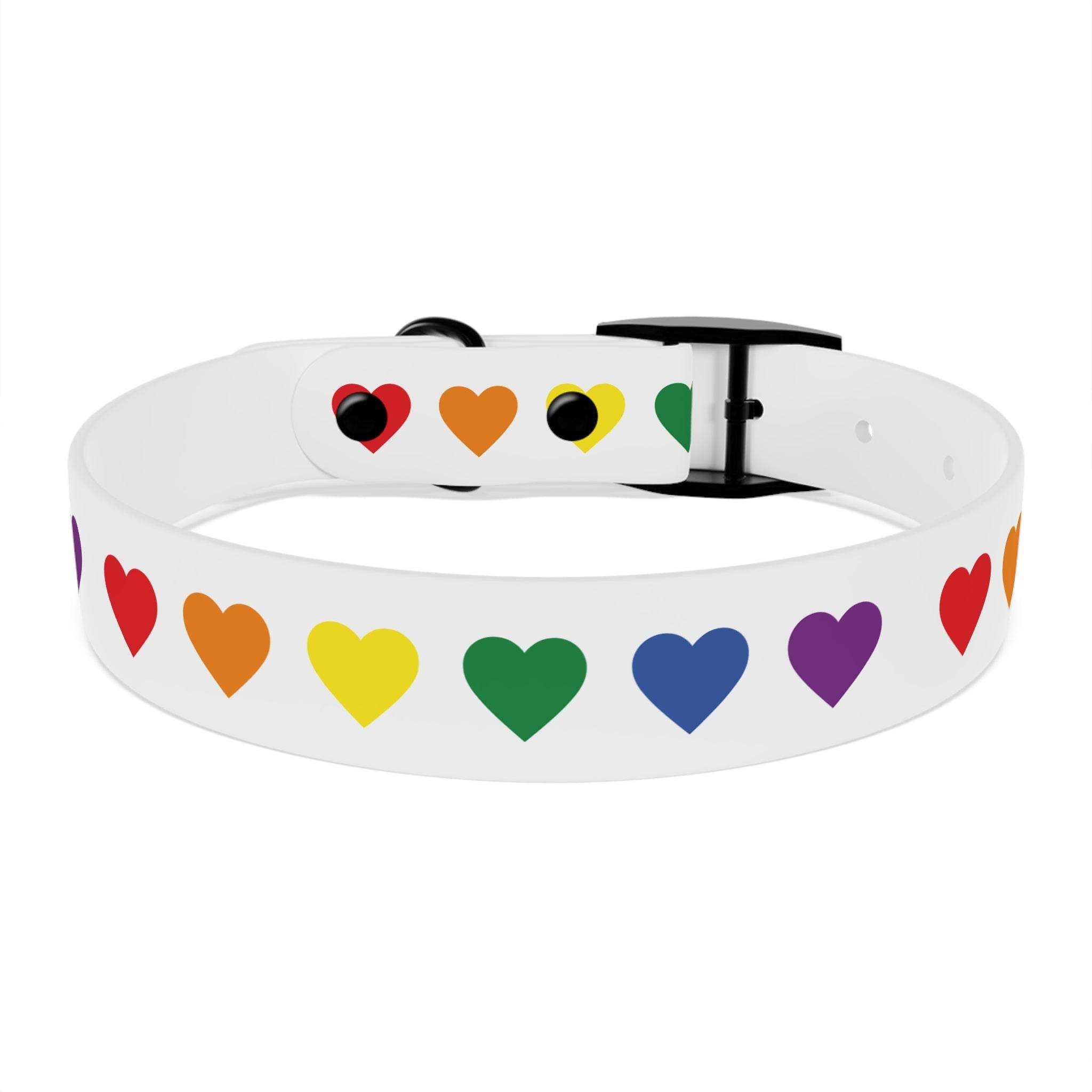 Printify rainbow heart dog collar with colorful heart patterns on white adjustable strap