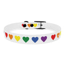 White rainbow heart dog collar with multicolor hearts and black buckle for pets by Printify