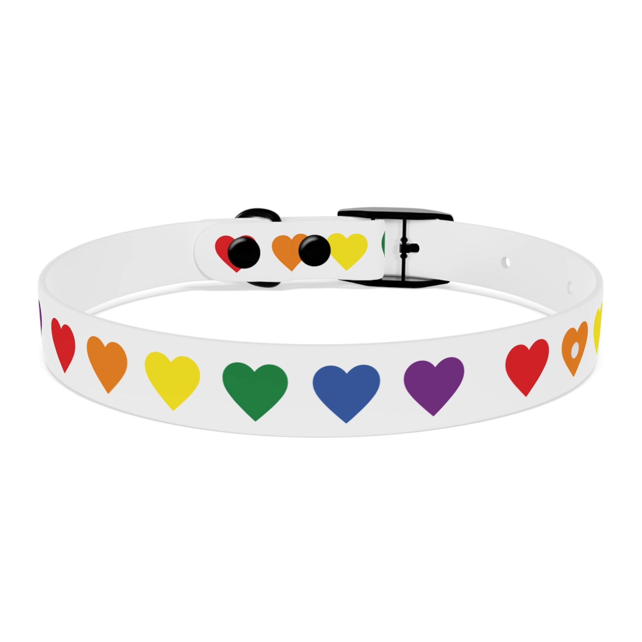 White rainbow heart dog collar with multicolor hearts and black buckle for pets by Printify