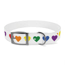 White rainbow heart dog collar with multicolored heart patterns and metal buckle by Printify
