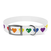White rainbow heart dog collar with multicolored heart patterns and metal buckle by Printify