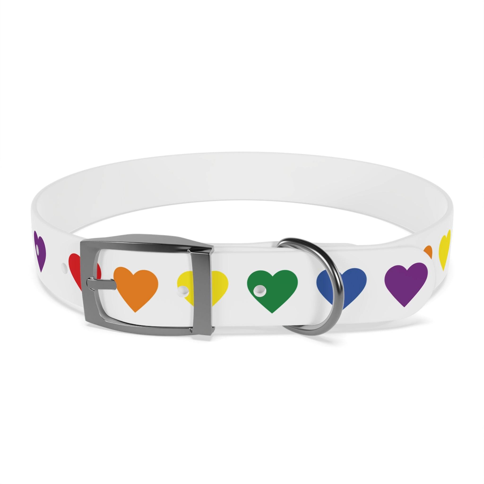 White rainbow heart dog collar with multicolored heart patterns and metal buckle by Printify
