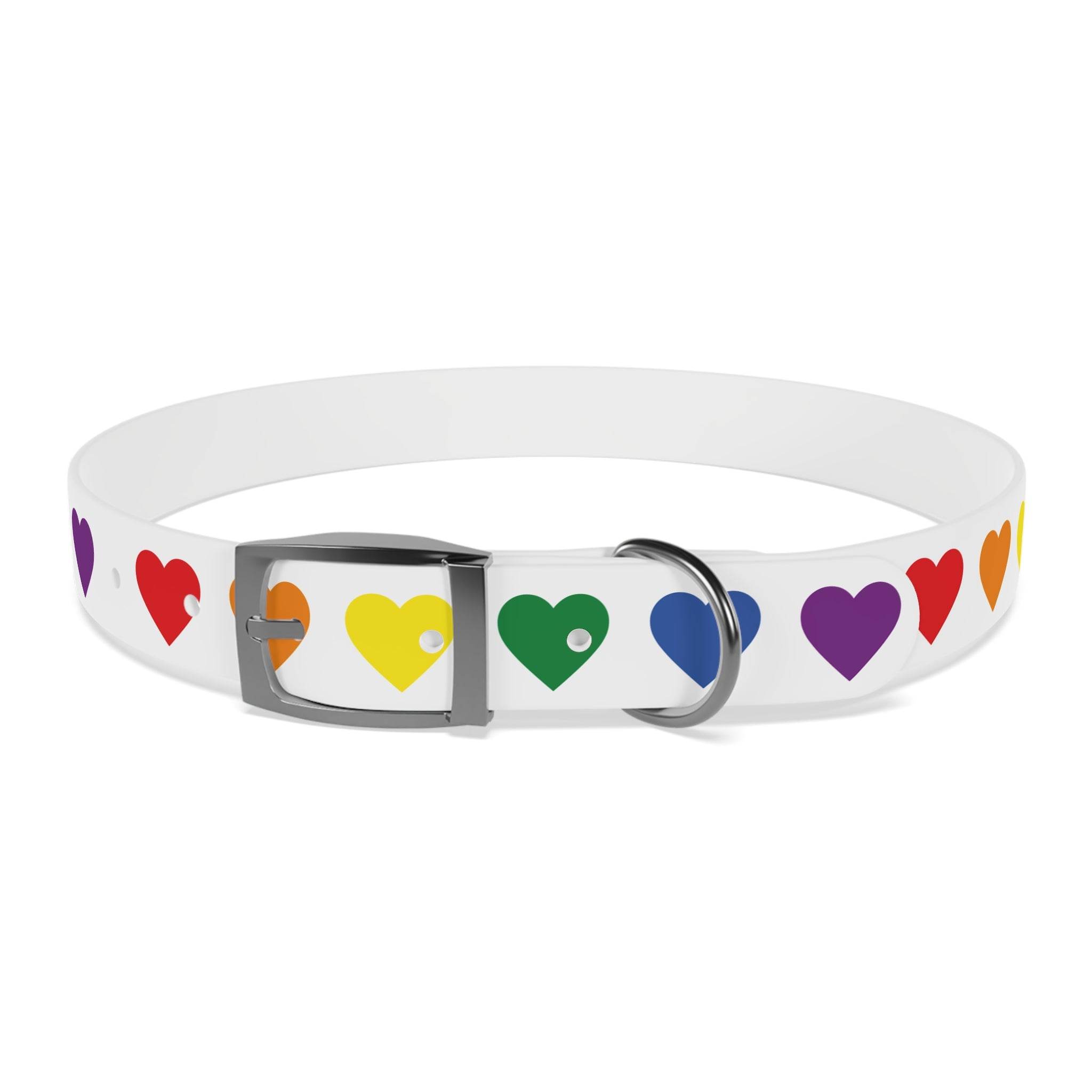 White dog collar with colorful rainbow heart dog collar pattern and metal buckle by Printify