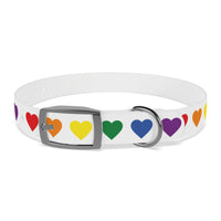 rainbow heart dog collar with colorful heart patterns on white adjustable strap