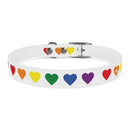 White rainbow heart dog collar with multicolor heart designs and metal buckle by Printify