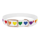 Printify rainbow heart dog collar with colorful hearts on white background and rose gold buckle