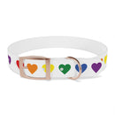 White dog collar with colorful rainbow heart dog collar pattern and rose gold buckle and ring