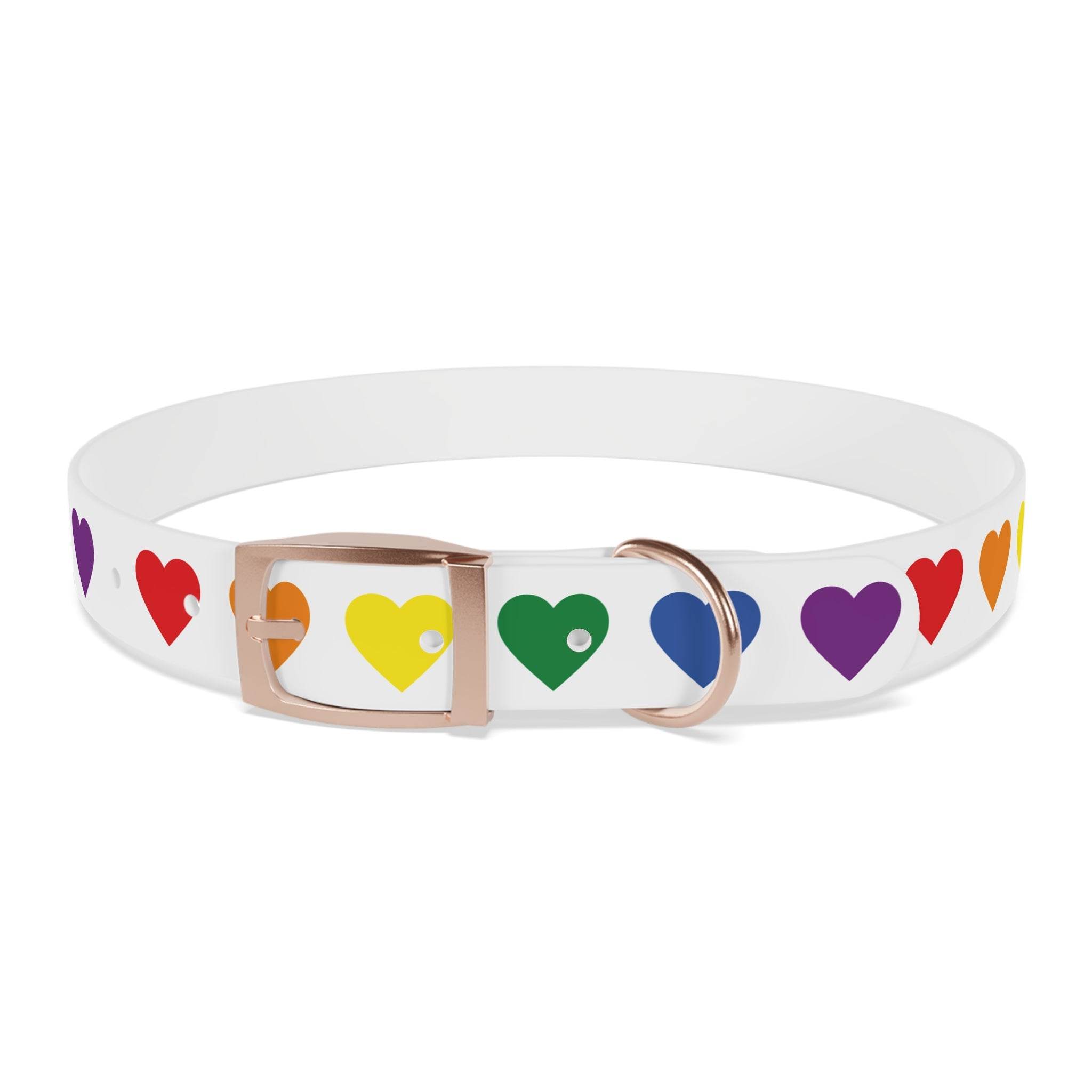 White rainbow heart dog collar with multicolored hearts and rose gold buckle for pets