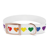 White rainbow heart dog collar with colorful heart patterns and rose gold buckle by Printify
