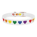 White rainbow heart dog collar with colorful heart patterns and rose gold buckle from Printify