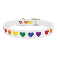 White rainbow heart dog collar with colorful heart patterns and rose gold buckle from Printify