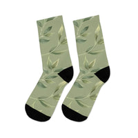 Printify recycled poly socks with green leaf pattern and black heel and toe accents