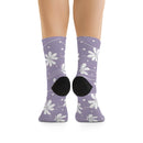 Purple floral recycled poly socks by Printify with black heel and toe accents