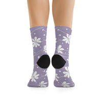 Purple floral recycled poly socks by Printify with black heel and toe accents