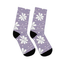 Purple floral Printify recycled poly socks with white flowers and black heels and toes