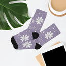 Printify recycled poly socks with purple floral design and black heel and toe on white background