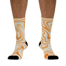 Printify recycled poly socks with orange and beige abstract swirl design and black toe and heel