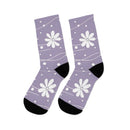 Printify purple recycled poly socks with white floral pattern and black heel and toe