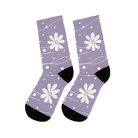 Printify purple recycled poly socks with white floral pattern and black heel and toe