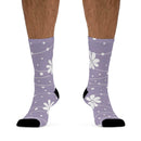 Printify lavender recycled poly socks with white floral and dot pattern and black toe and heel