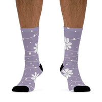 Printify lavender recycled poly socks with white floral and dot pattern and black toe and heel