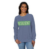 Printify eco-friendly crewneck sweatshirt in blue with resilient graphic worn by smiling woman