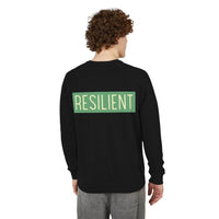 Back view of a man wearing a black Printify eco-friendly crewneck sweatshirt with resilient text design