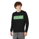 Printify eco-friendly crewneck sweatshirt in black with resilient graphic worn by male model