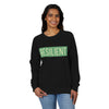 Printify eco-friendly crewneck sweatshirt in black with Resilient print worn by smiling woman