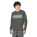 Printify eco-friendly crewneck sweatshirt in dark gray with resilient text worn by a man