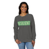 Printify eco-friendly crewneck sweatshirt in dark gray with resilient graphic worn by smiling woman
