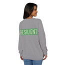 Woman wearing Printify eco-friendly crewneck sweatshirt in gray with resilient graphic on back