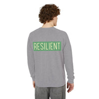 Printify eco-friendly crewneck sweatshirt in gray with resilient text print on back