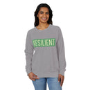 Printify eco-friendly crewneck sweatshirt in gray with resilient text worn by smiling woman