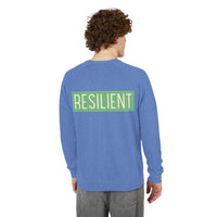 Printify eco-friendly crewneck sweatshirt in blue with resilient graphic on the back worn by male model
