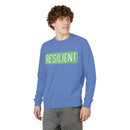 Printify eco-friendly crewneck sweatshirt in blue with resilient text design worn by a male model