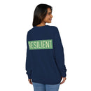 Printify eco-friendly crewneck sweatshirt in navy blue with resilient graphic on back worn by woman