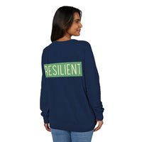Printify eco-friendly crewneck sweatshirt in navy blue with resilient graphic on back worn by woman