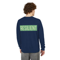 Printify navy eco-friendly crewneck sweatshirt with resilient text design on back worn by male model