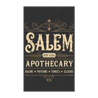 Printify eco-friendly kitchen towel with vintage Salem Apothecary cream lettering and decorative flourishes