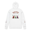 Printify eco-friendly witch hooded tee white long sleeve with Salem Witch Social Club cocktail glasses graphic on back