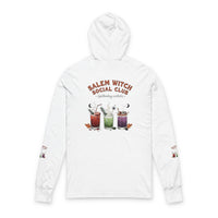 Printify eco-friendly witch hooded tee white long sleeve with Salem Witch Social Club cocktail glasses graphic on back