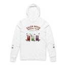 Printify white Salem Witch Social Club hooded long sleeve tee with cocktail artwork eco-friendly witch hooded tee